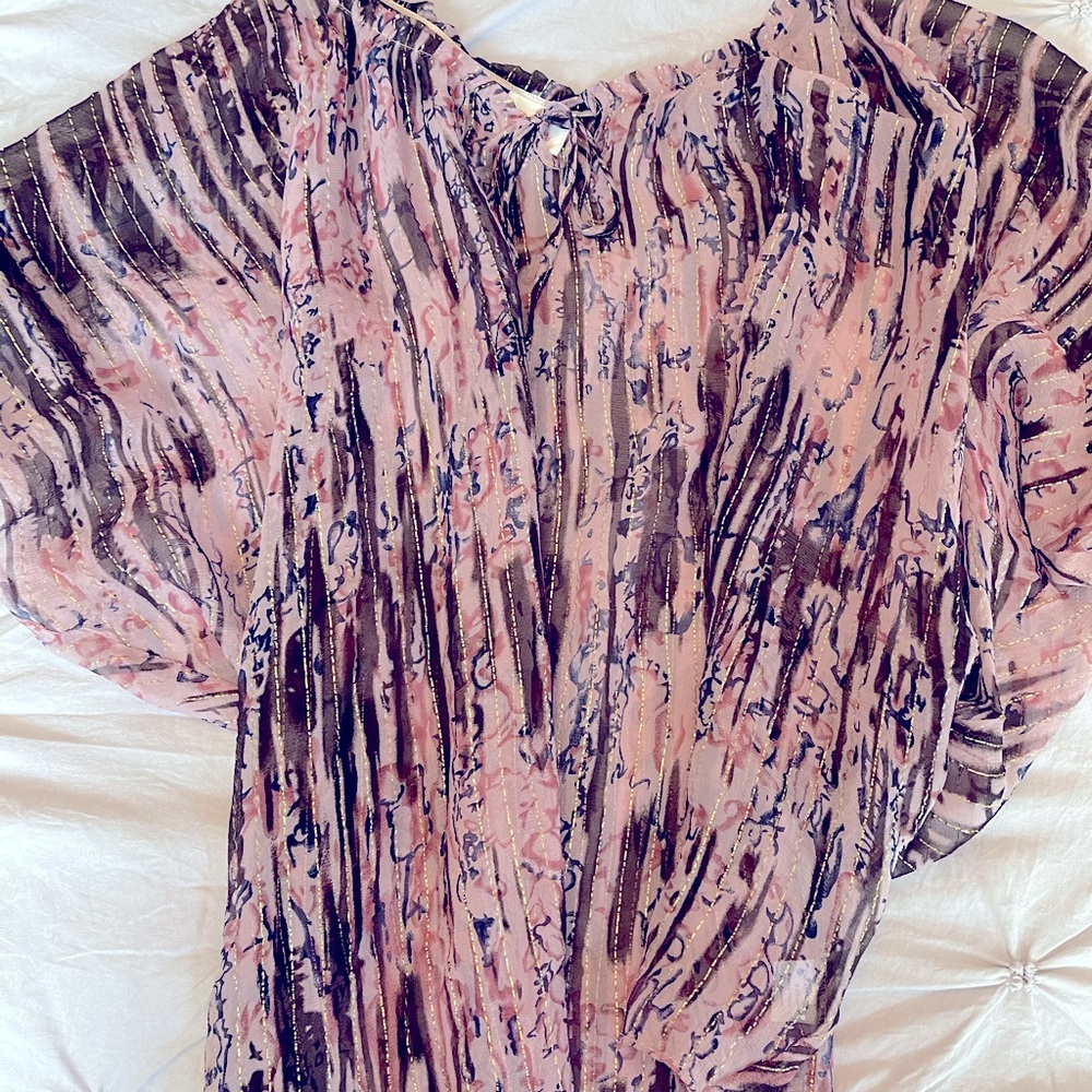 Parker sheer blouse with metallic threading. Plum, Grey and Maeve. Size S.